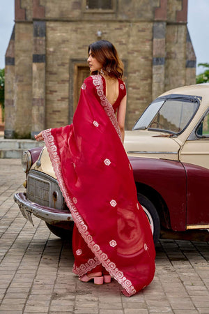 Red Floral Embroidered Chiffon Saree (HT1804)