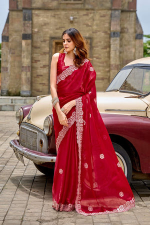 Red Floral Embroidered Chiffon Saree (HT1804)