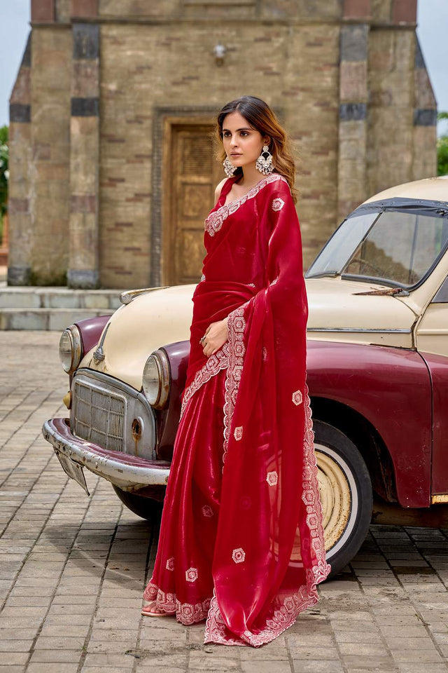 Red Floral Embroidered Chiffon Saree (HT1804)