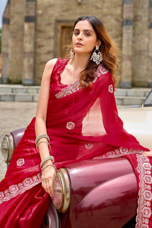 Red Floral Embroidered Chiffon Saree (HT1804)