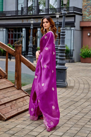 Purple Floral Embroidered Chiffon Saree (HT1805)