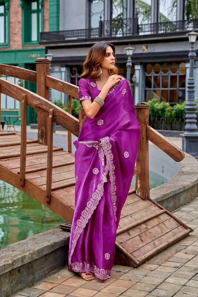 Purple Floral Embroidered Chiffon Saree (HT1805)