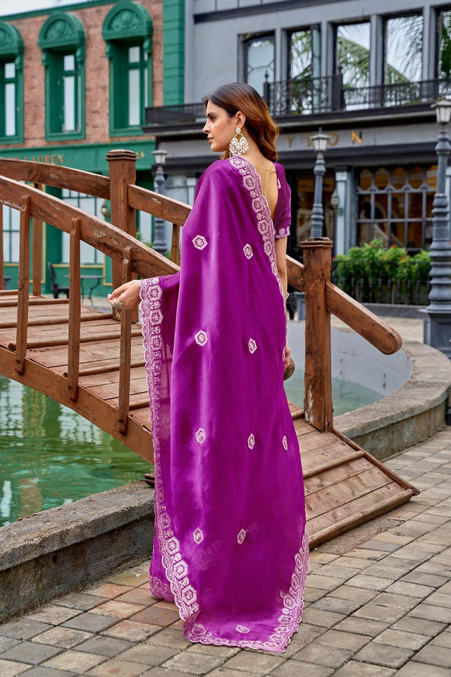 Purple Floral Embroidered Chiffon Saree (HT1805)