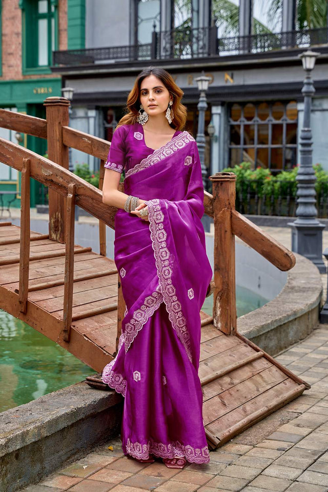 Purple Floral Embroidered Chiffon Saree (HT1805)
