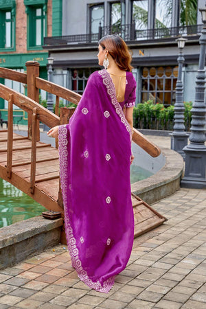 Purple Floral Embroidered Chiffon Saree (HT1805)