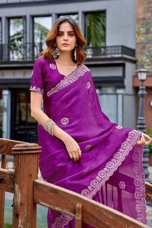 Purple Floral Embroidered Chiffon Saree (HT1805)
