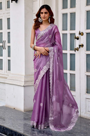 Lavender Floral Embroidered Chiffon Saree (HT1806)