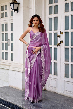 Lavender Floral Embroidered Chiffon Saree (HT1806)