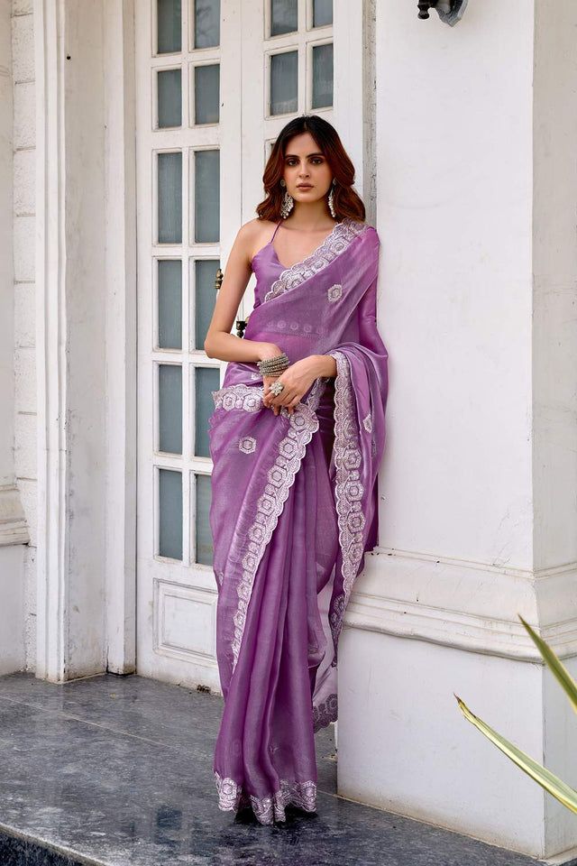 Lavender Floral Embroidered Chiffon Saree (HT1806)