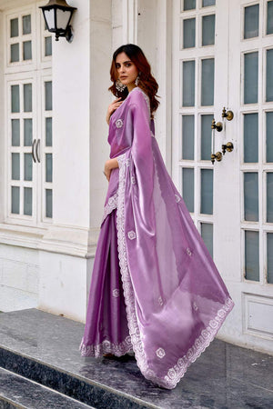 Lavender Floral Embroidered Chiffon Saree (HT1806)