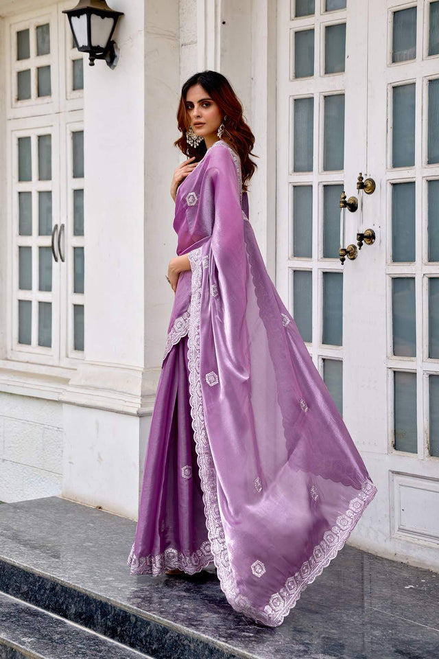 Lavender Floral Embroidered Chiffon Saree (HT1806)