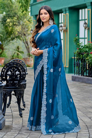 Turquoise Floral Embroidered Chiffon Saree (HT1807)