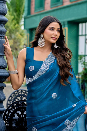 Turquoise Floral Embroidered Chiffon Saree (HT1807)