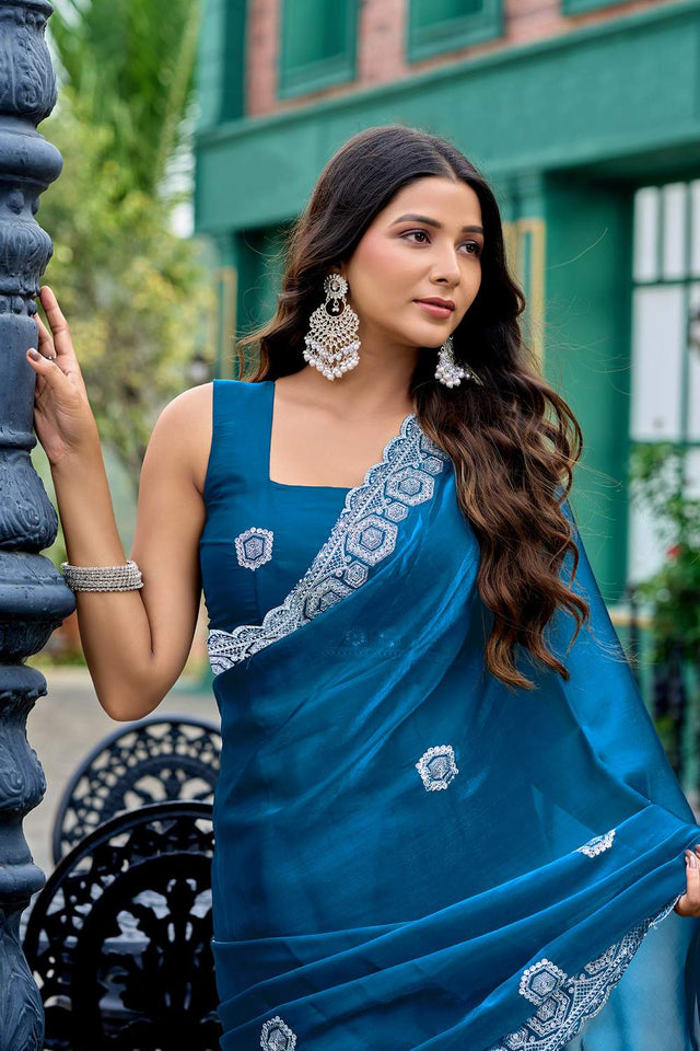 Turquoise Floral Embroidered Chiffon Saree (HT1807)