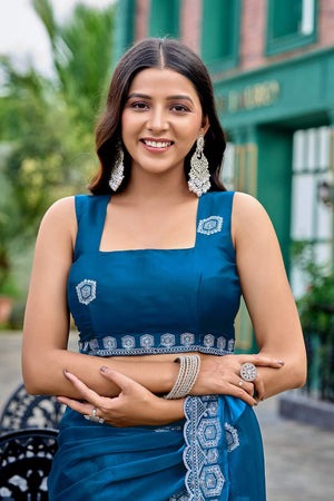 Turquoise Floral Embroidered Chiffon Saree (HT1807)