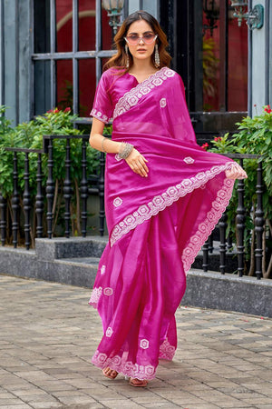 Pink Floral Embroidered Chiffon Saree (HT1808)