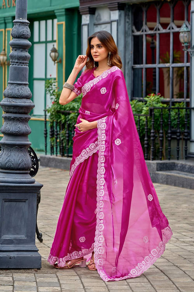 Pink Floral Embroidered Chiffon Saree (HT1808)