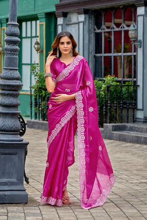 Pink Floral Embroidered Chiffon Saree (HT1808)