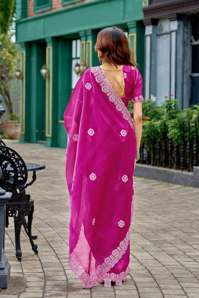Pink Floral Embroidered Chiffon Saree (HT1808)
