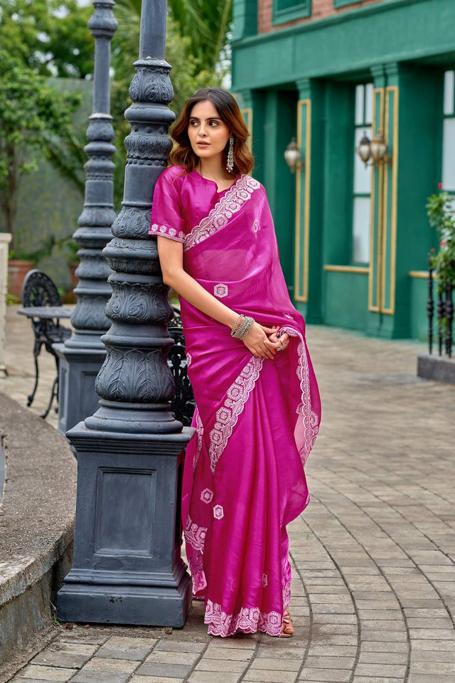 Pink Floral Embroidered Chiffon Saree (HT1808)