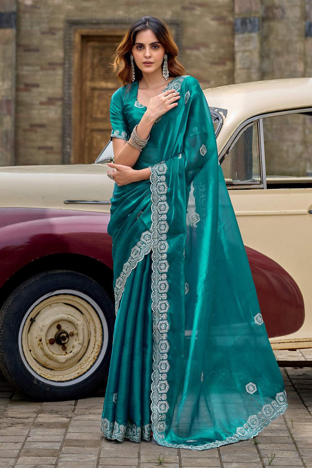 Turquoise Floral Embroidered Chiffon Saree (HT1809)