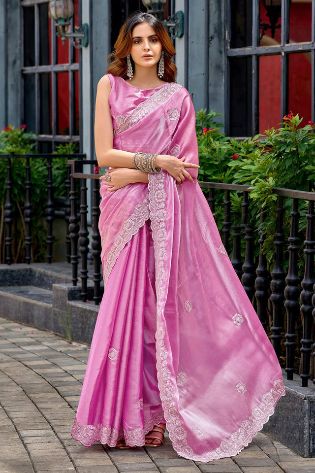 Light Pink Floral Embroidered Chiffon Saree (HT1810)