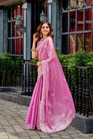 Light Pink Floral Embroidered Chiffon Saree (HT1810)