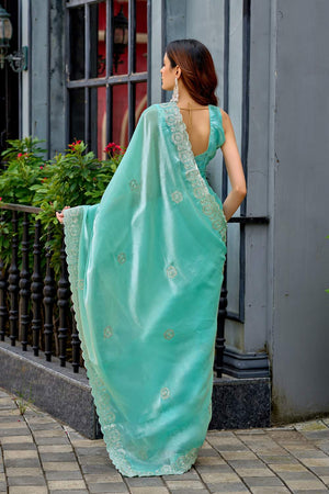 Blue Floral Embroidered Chiffon Saree (HT1811)