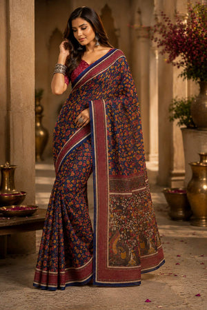 Navy Blue Kalamkari Floral Printed Chanderi Cotton Ready To Wear Saree (HT1901)