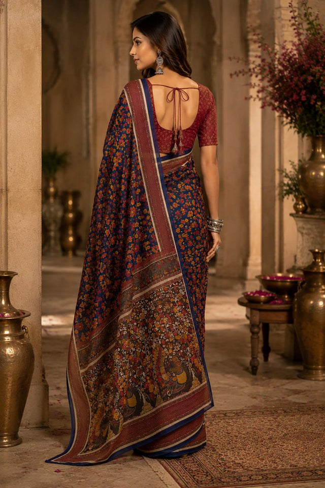 Navy Blue Kalamkari Floral Printed Chanderi Cotton Ready To Wear Saree (HT1901)