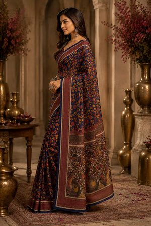 Navy Blue Kalamkari Floral Printed Chanderi Cotton Ready To Wear Saree (HT1901)