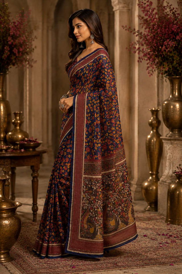 Navy Blue Kalamkari Floral Printed Chanderi Cotton Ready To Wear Saree (HT1901)