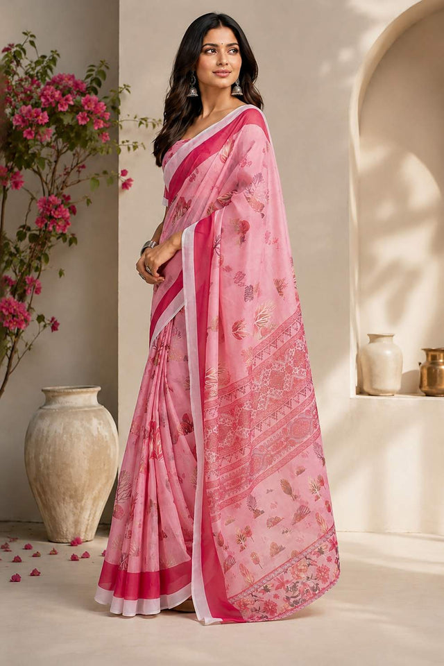 Light Pink Floral Printed Chanderi Cotton Ready To Wear Saree (HT1903)