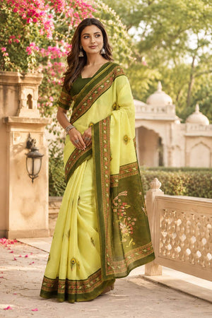 Green Printed Chanderi Cotton Ready To Wear Saree (HT1904)