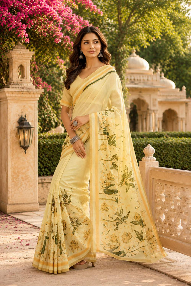 Yellow Floral Printed Chanderi Cotton Ready To Wear Saree (HT1905)