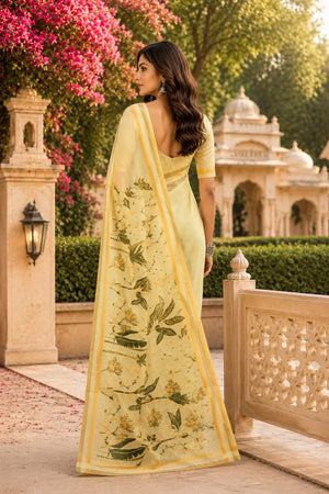 Yellow Floral Printed Chanderi Cotton Ready To Wear Saree (HT1905)