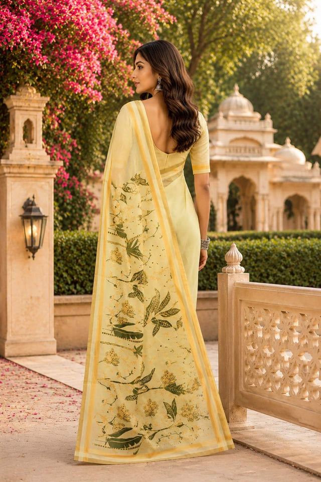 Yellow Floral Printed Chanderi Cotton Ready To Wear Saree (HT1905)