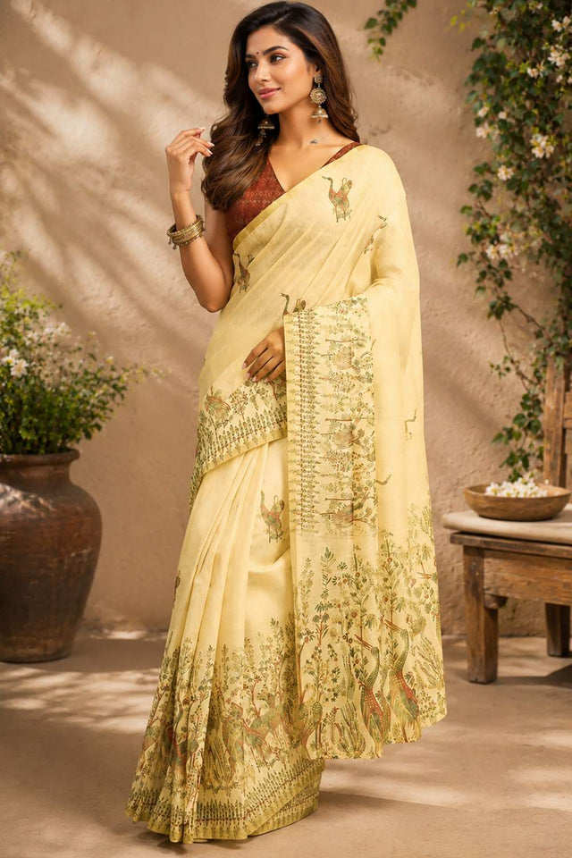 Beige Kalamkari Printed Chanderi Cotton Ready To Wear Saree (HT1906)