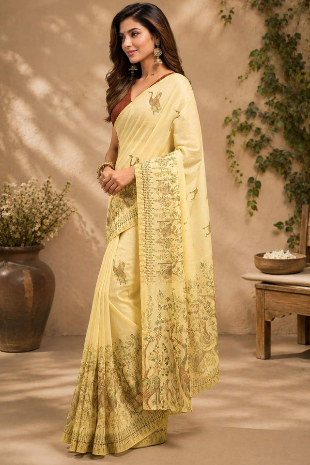 Beige Kalamkari Printed Chanderi Cotton Ready To Wear Saree (HT1906)