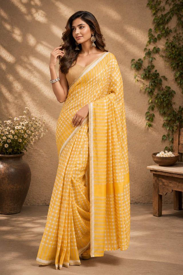 Mustard Checkered Printed Chanderi Cotton Ready To Wear Saree (HT1907)