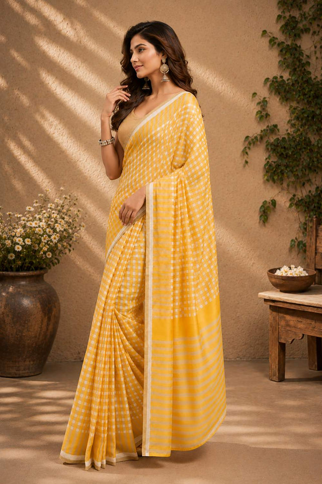 Mustard Checkered Printed Chanderi Cotton Ready To Wear Saree (HT1907)
