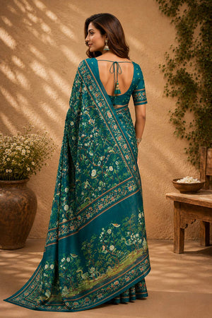 Turquoise Floral Printed Chanderi Cotton Ready To Wear Saree (HT1908)