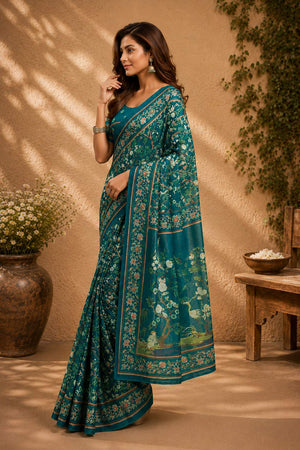 Turquoise Floral Printed Chanderi Cotton Ready To Wear Saree (HT1908)