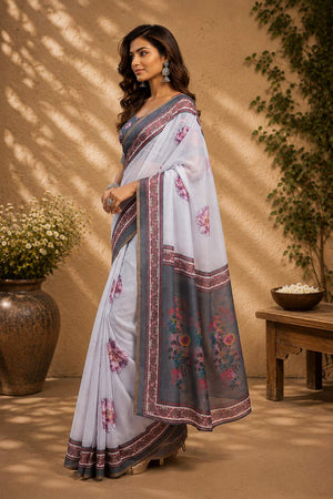 Off White Floral Printed Chanderi Cotton Ready To Wear Saree (HT1909)