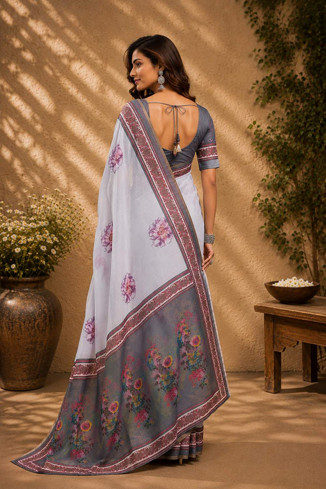 Off White Floral Printed Chanderi Cotton Ready To Wear Saree (HT1909)