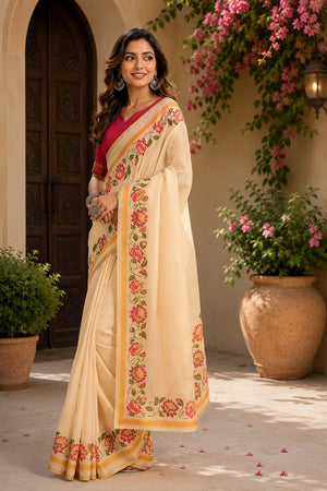 Cream Solid Chanderi Cotton Ready To Wear Saree (HT1911)