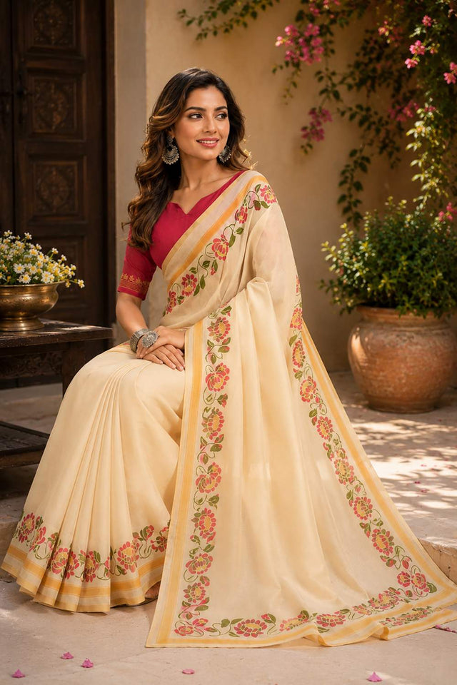 Cream Solid Chanderi Cotton Ready To Wear Saree (HT1911)
