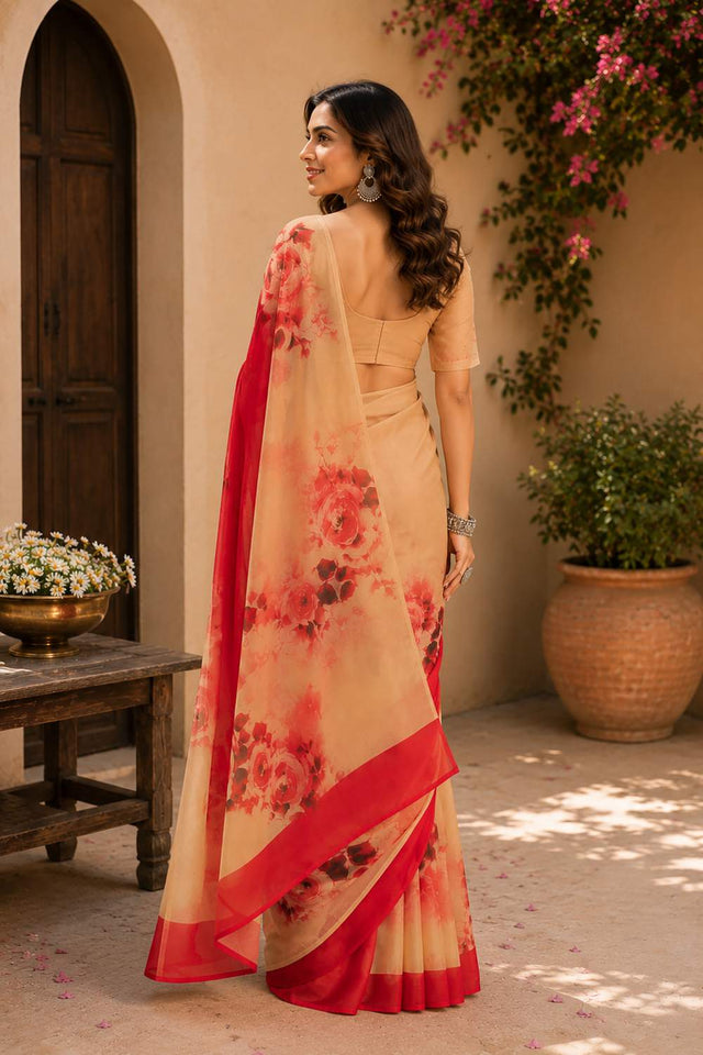Multi Color Floral Printed Chanderi Cotton Ready To Wear Saree (HT1912)