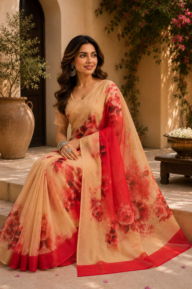 Multi Color Floral Printed Chanderi Cotton Ready To Wear Saree (HT1912)
