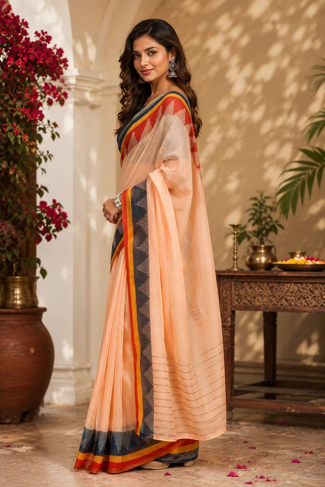Peach Printed Chanderi Cotton Ready To Wear Saree (HT1913)